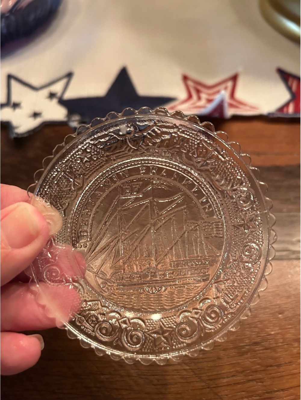 Old Benjamin Franklin Sailing Ship Eapg Sandwich Glass Cup Plate